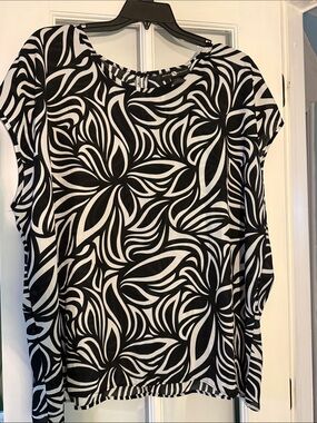 Ashley Stewart Black and White Floral-Pattern Blouse